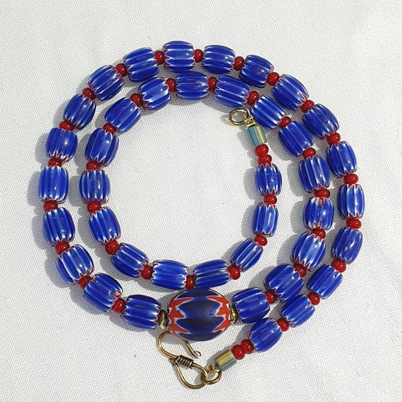 Vintage venetian white heart with blue glass chevron beads necklace.Gift
