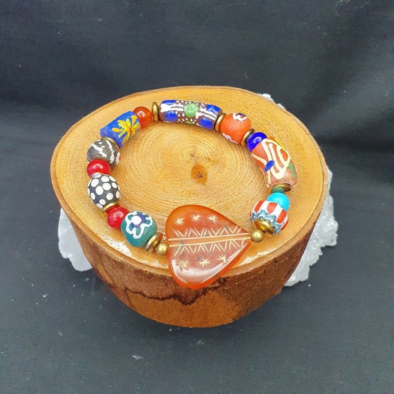 Vintage african glass beads with heart shape carved carnelian braceletGift