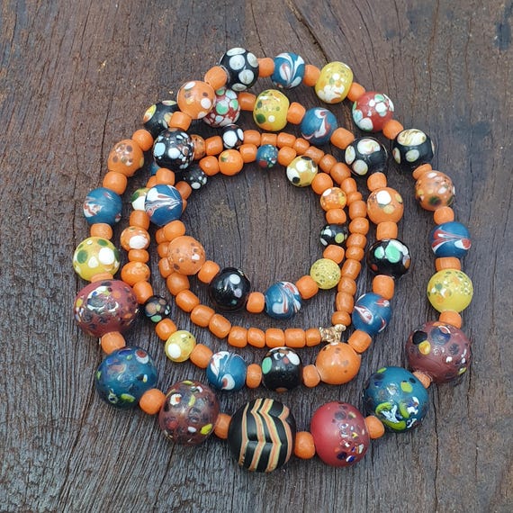 Polka Dot Glass Bead Necklace, Earthy Chevron Beads, Vibrant Orange Tribal Boho Jewelry, Unique Artisan Gift