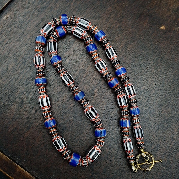 Vintage venetian style blue, black chevron 10mm-15mm beads long strand