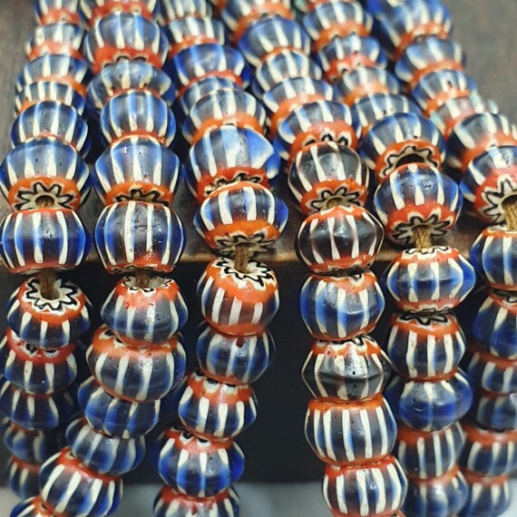 Vintage blue chevron beads venetian african inspired 7-7.5mm beads long strand