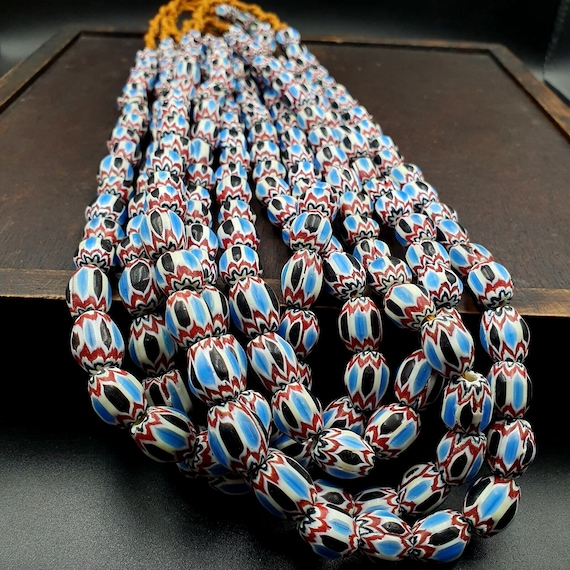 Vintage venetian african style blue glass chevron beads long strand 11x13mmGift