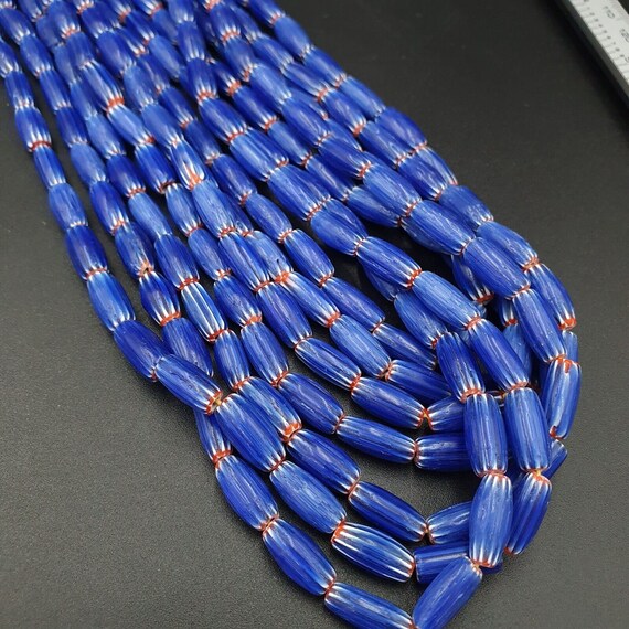 3 long strands vintage blue chevron beads venetian african style 13mmx6mm beads
