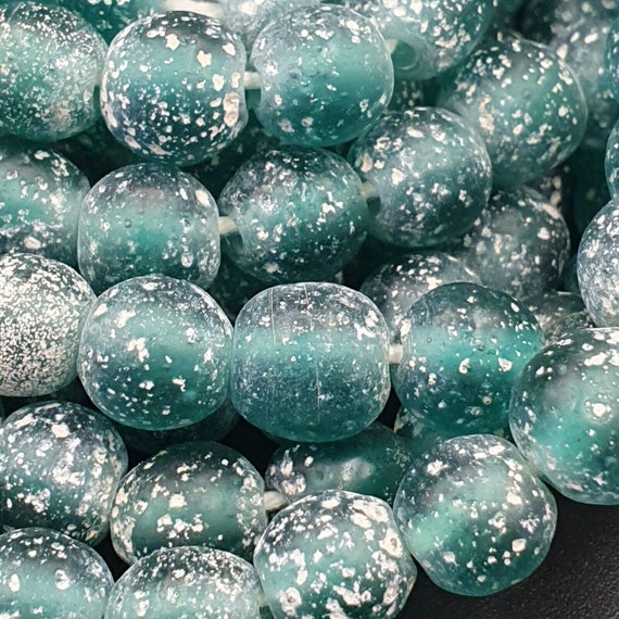 Old antique african style greenish blue glass vintage beads 24" strand 9-9.5mmGift