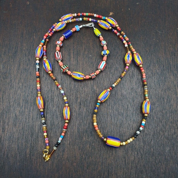 Set of vintage venetian style old african glass chevron beads long necklace ah-4