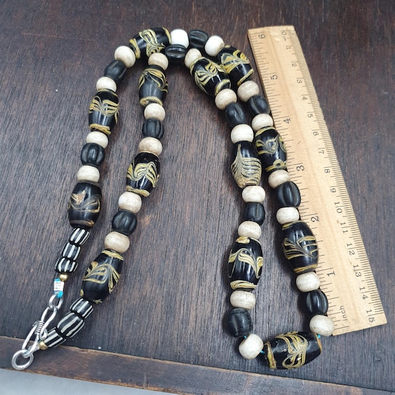 Venetian Style Glass Bead Necklace – Black, Cream, Gold Swirls, Boho Statement Jewelry- Handmade Boho Statement Necklace - Gift for Her