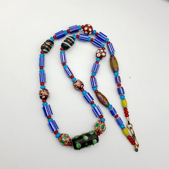 Antique white heart venetian style blue chevron glass beads necklace n94Gift