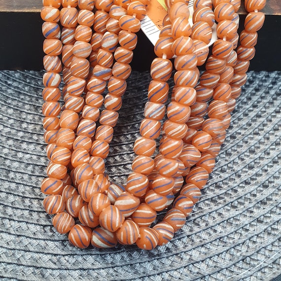 Striped Venetian Style Glass Beads - Orange Blue White Striped African Beads - Boho Jewelry Focal Beads - Bulk Bead Supply