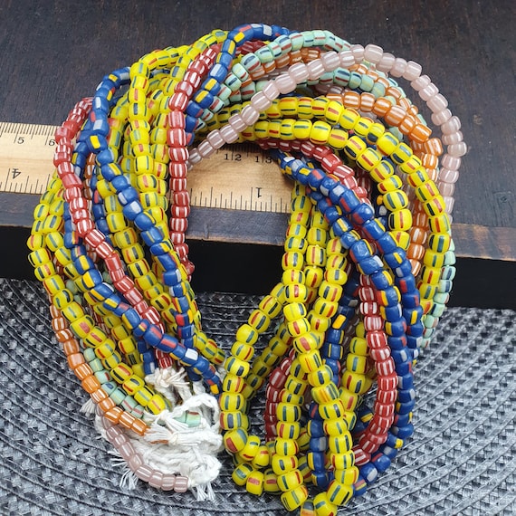 Lot of 10 Strands Venetian Style Christmas Beads - Mixed Multi-Color Striped Glass - Small 4-6mm African Trade Beads - Bulk Jewelry Supply