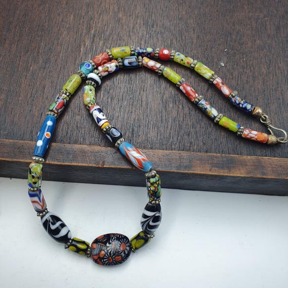 Vintage Venetian Style Millefiori Glass Beads Necklace Lampwork Jewelry - Rare Bead Strand