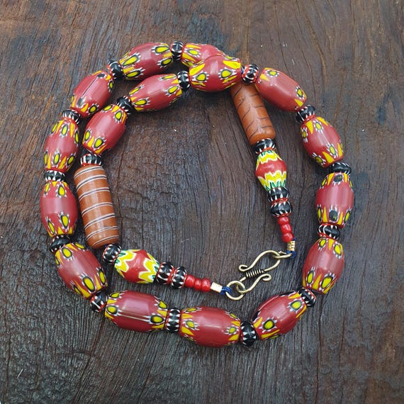 Venetian African Style Beaded Necklace with Chevron and Whiteheart Beads, Handmade Custom Jewelry, Unique . for Her or Him