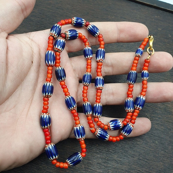 Antique vintage venetian white heart and blue chevron trade beads necklace w2