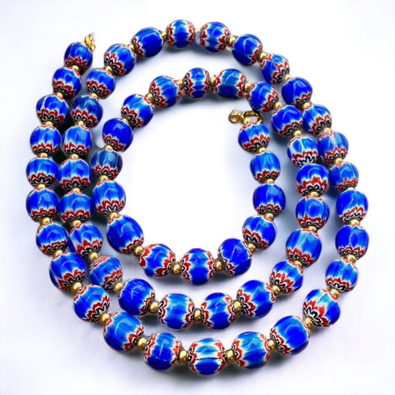 Vintage blue chevron venetian style multilayers glass beads necklace n-204Gift