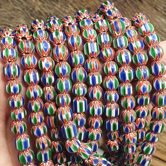 Vintage blue green chevron beads venetian african style beads long strand