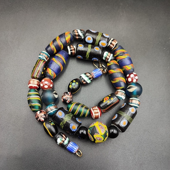 Vintage african asian mosaic glass chevron beads long strand necklaceGift