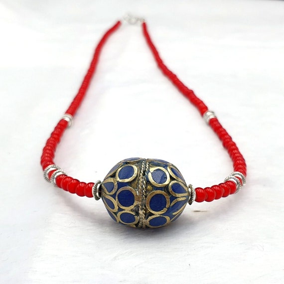 Beautiful venetian white heart trade beads afghan vintage brass bead necklace