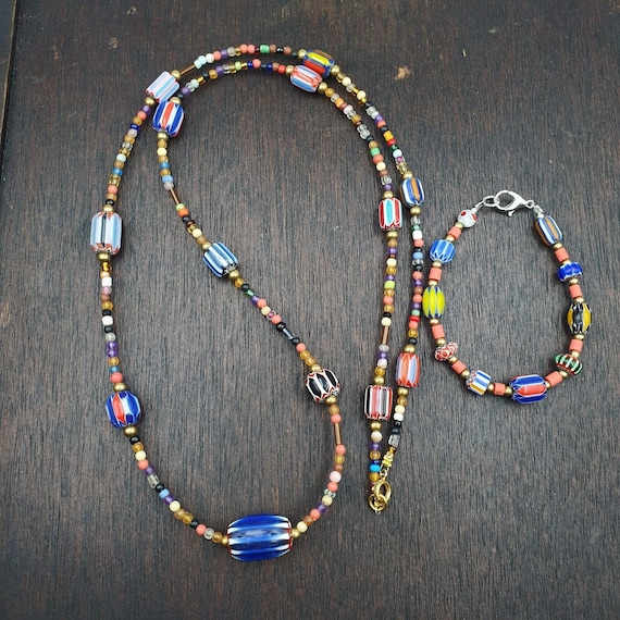 Set vintage venetian style beads old glass chevron beads long necklace