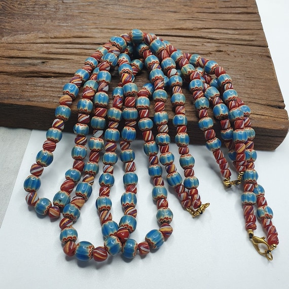 Vintage blue chevron beads venetian african style beads long strand necklace