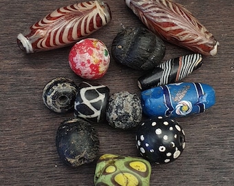 Lot of 12 antique mosaic glass feather dotted glass beads
