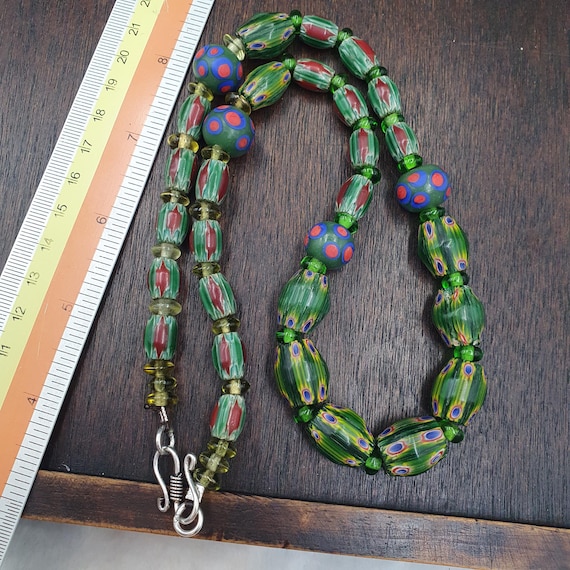 Venetian Style Glass Bead Necklace, Green Peacock Eye Bead Strand,  Ethnic Boho Statement Jewelry