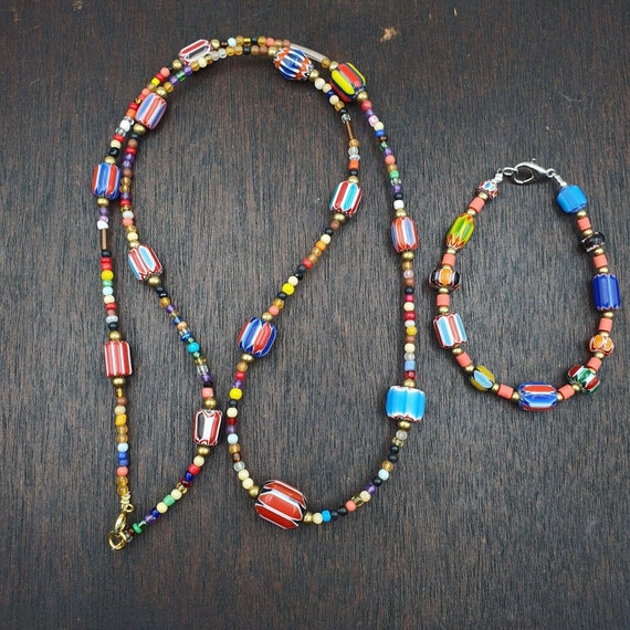 Set of vintage venetian style old african glass chevron beads long necklace ah-4
