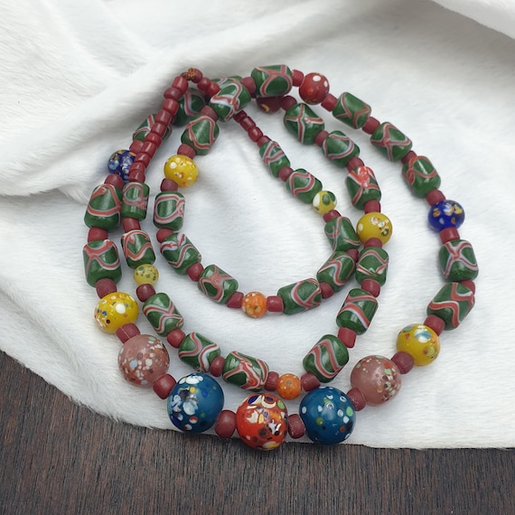 Antique Style African Glass Beads Strand Multi Color Millefiori Tribal Necklace, Green Chevron Beads