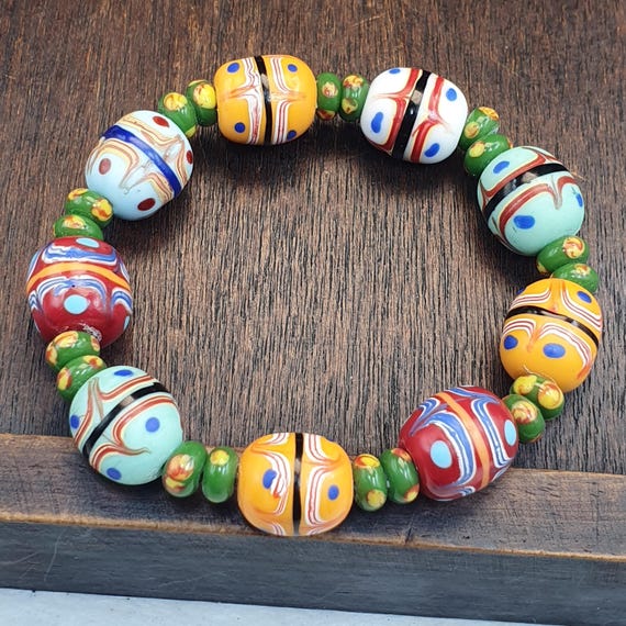 Vintage Venetian Style Fancy Bead Bracelet Green Spacers Multicolor Eye Beads