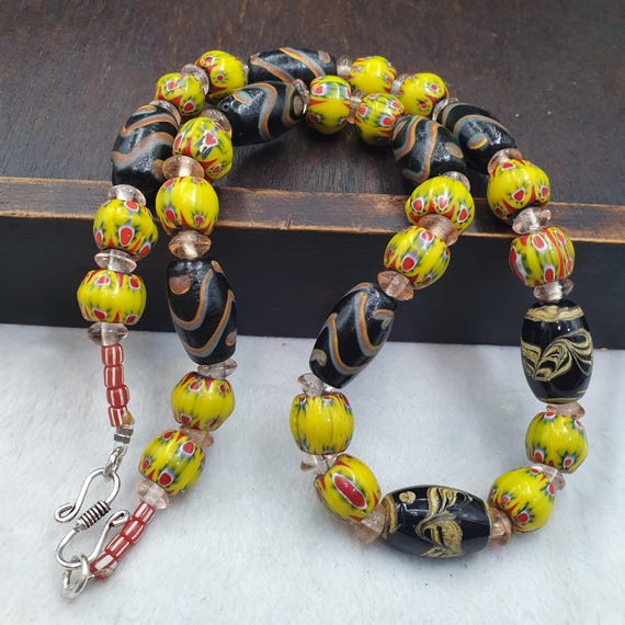 Venetian Style Glass Bead Necklace, Yellow Millefiori Eye Beads, Black Swirl Art Glass Strand,