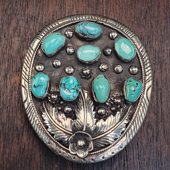 Vintage Brass Western Buckle with Turquoise, Floral Engraved Back Belt Accessory, Southwestern Boho Style, Large Turquoise Statement Buckle