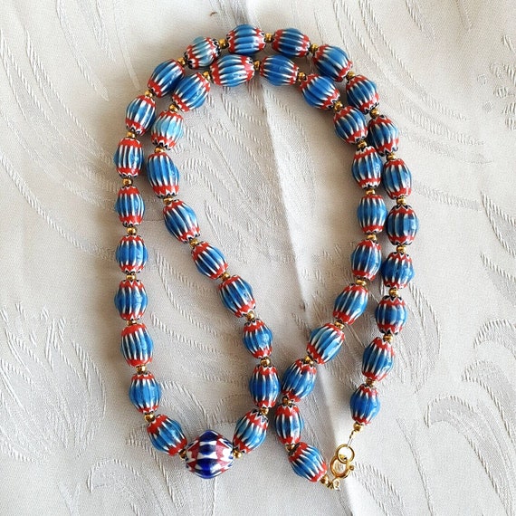 Antique venetian inspired blue chevron beads long strand necklace 24inch