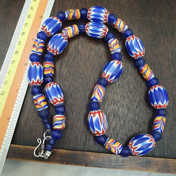 Venetian inspired African Blue Glass Chevron and Feather Beads Necklace
