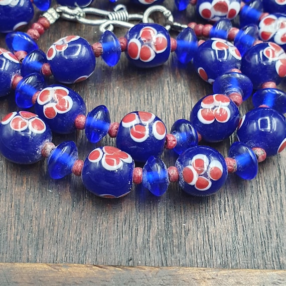 Necklace ., Cobalt Floral Strand | Murano Style Beads Blue glass