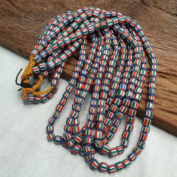 Vintage venetian style  african blue red glass chevron beads long strandGift