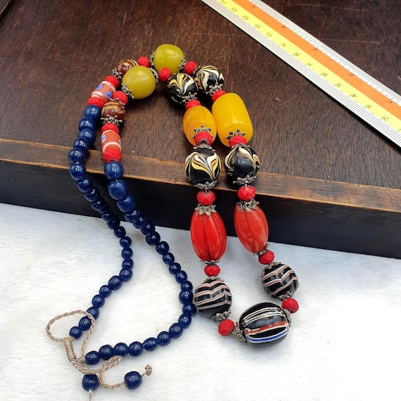 Venetian Style Beads Strand Layered Star Mold Glass Beads • Red White Rossetta Beads Collector Estate Jewelry