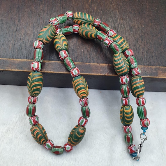 Venetian Style Vintage Chevron Bead Strand, Green Yellow Feather Wave Art Glass Necklace