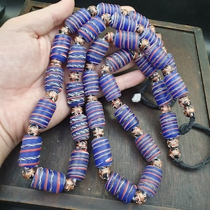 Vintage african style blue glass aventurine fancy glass beads beaded necklaceGift