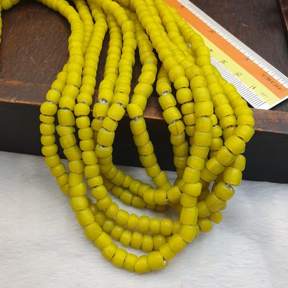 Yellow white heart 6 mm Czech Republic glass beads long strand necklace