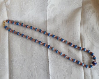 Collier Ancien Inspiration Vénitienne - Perles Chevron Bleu - Longueur 24 Pouces - Occasion
