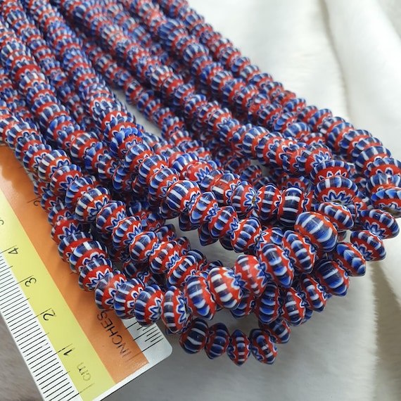 Vintage venetian african style glass blue chevron 9mm beads long strand .