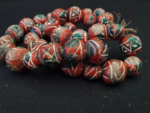 Old vintage indo nepal clay beads long strand hand painted clay beads