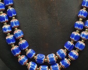 Collier Vintage Perles De Verre Multicouches Style Vénitien - Chevron Bleu, 10 Mm, Fait Main Thaïlande