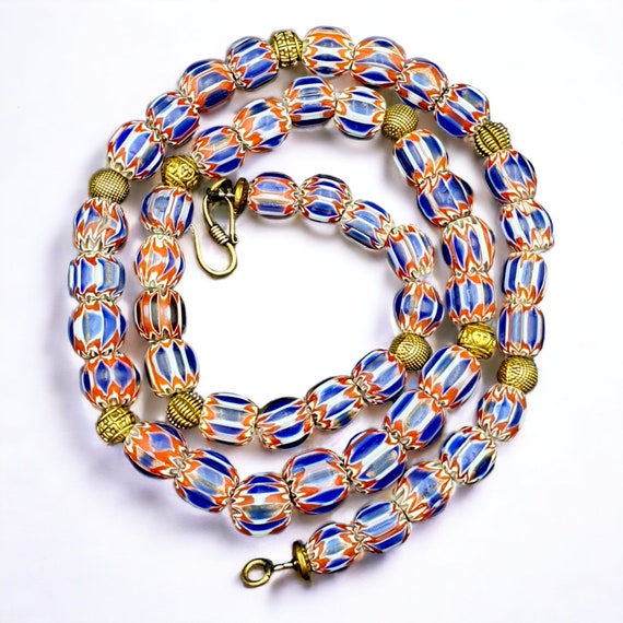 Vintage venetian style beads old blue glass chevron beads long strand necklaceGift