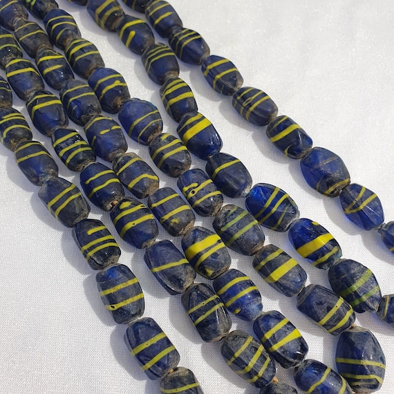 Vintage African Trade Beads: Yellow Stripes, Blue Glass (20x12mm)