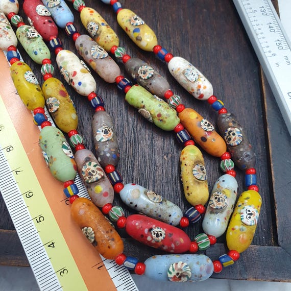 Venetian Style Face Bead Necklace, Multicolor Speckled Glass with Millefiori Mask Canes, African Trade Bead Strand, Restrung