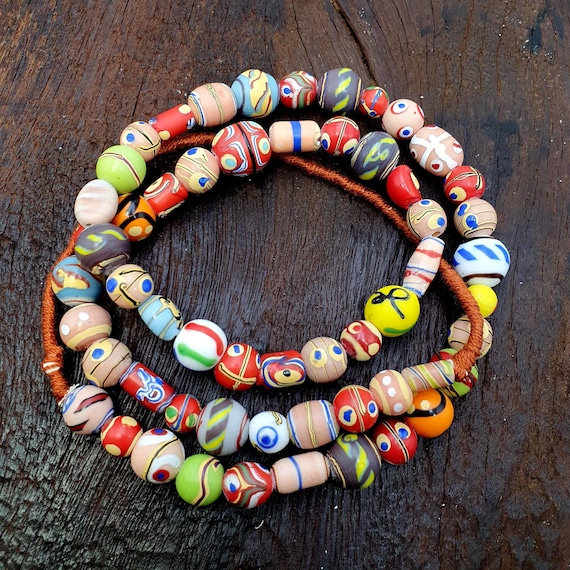 Mixed Millefiori African Style Glass Beads Mosaic Eye Pattern Strand 24 inches Long, Vintage beads, Ethnic Inspiration, Handcrafted Jewelry