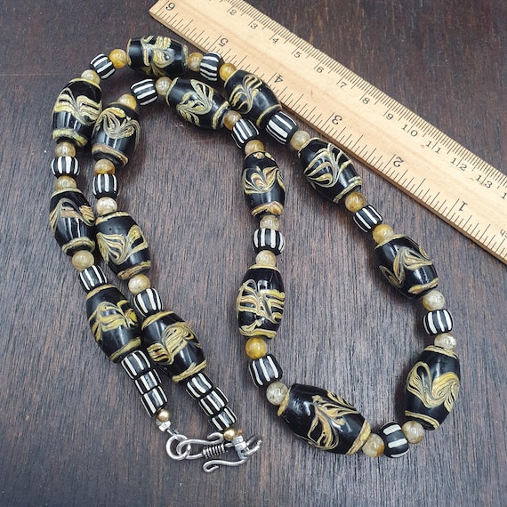 Venetian Style Glass Bead Necklace | Black Gold with Quartz Accents Statement Jewelry- Handmade Boho Necklace - Gift for Her