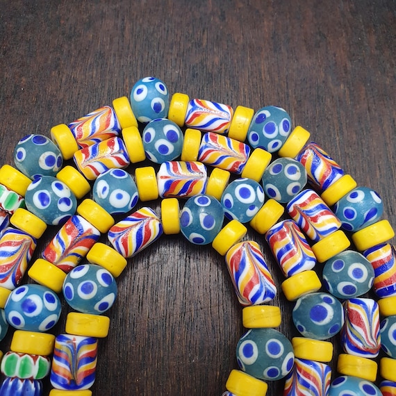 Venetian Style African Trade Beads, Blue Evil Eye Glass Beads, Millefiori Chevron Strand for Jewelry Making