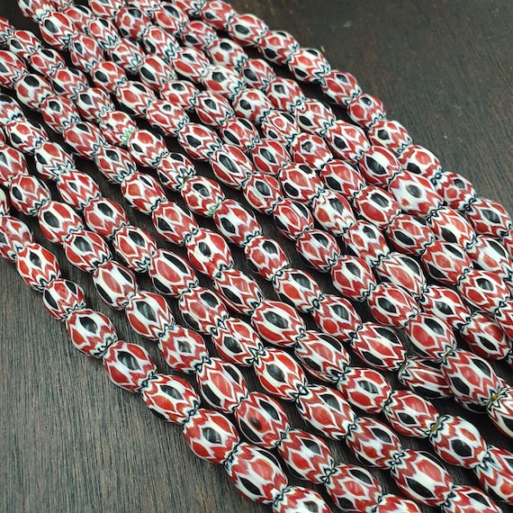 Vintage venetian african style red glass chevron beads long strand 10x13mmGift