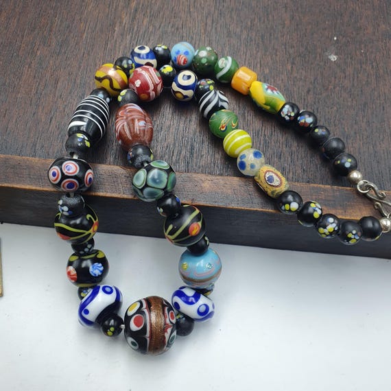 Vintage Venetian Style Millefiori Glass Beads Necklace Lampwork Jewelry - Rare Bead Strand #5