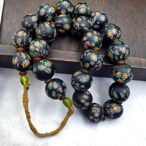Glass Bead Necklace, African Trade Poured Art, Multicolor Long Strand | 22mm,    Vintage Antique